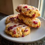 A stack of four delicious cranberry orange cookies drizzled with sweet white glaze, resting on a white plate.