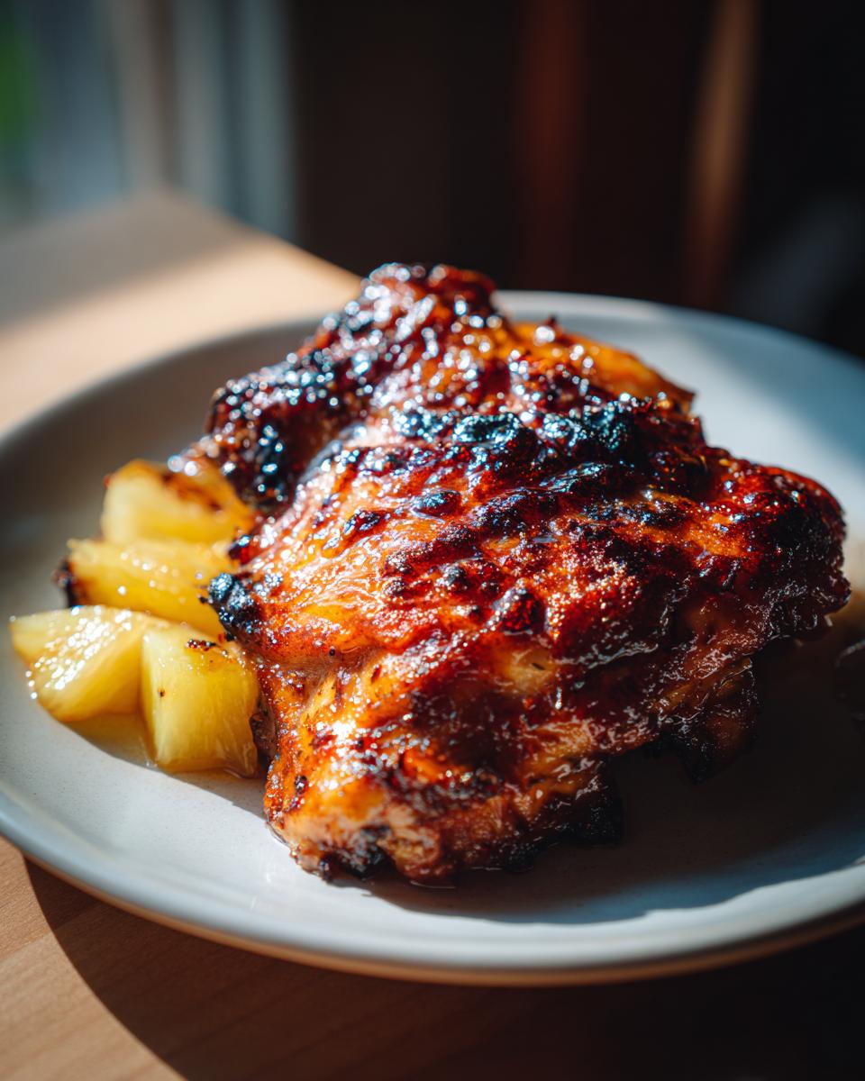Close-up of glazed Jamaican jerk chicken pieces served with caramelized pineapple chunks on a light plate.