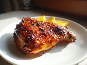 Close-up of a beautifully glazed, dark-crusted piece of Jamaican jerk chicken served on a white plate.