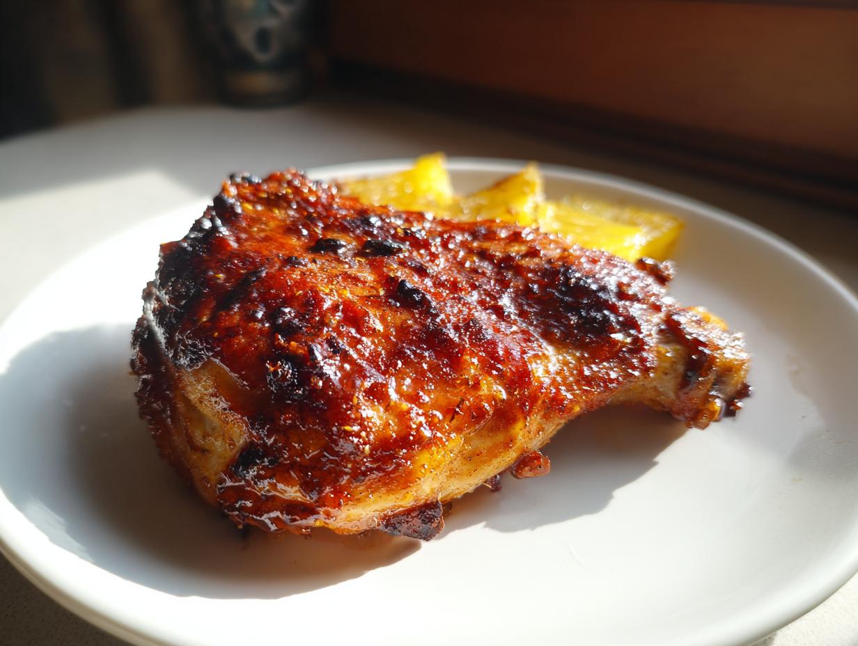 Close-up of a beautifully glazed, dark-crusted piece of Jamaican jerk chicken served on a white plate.