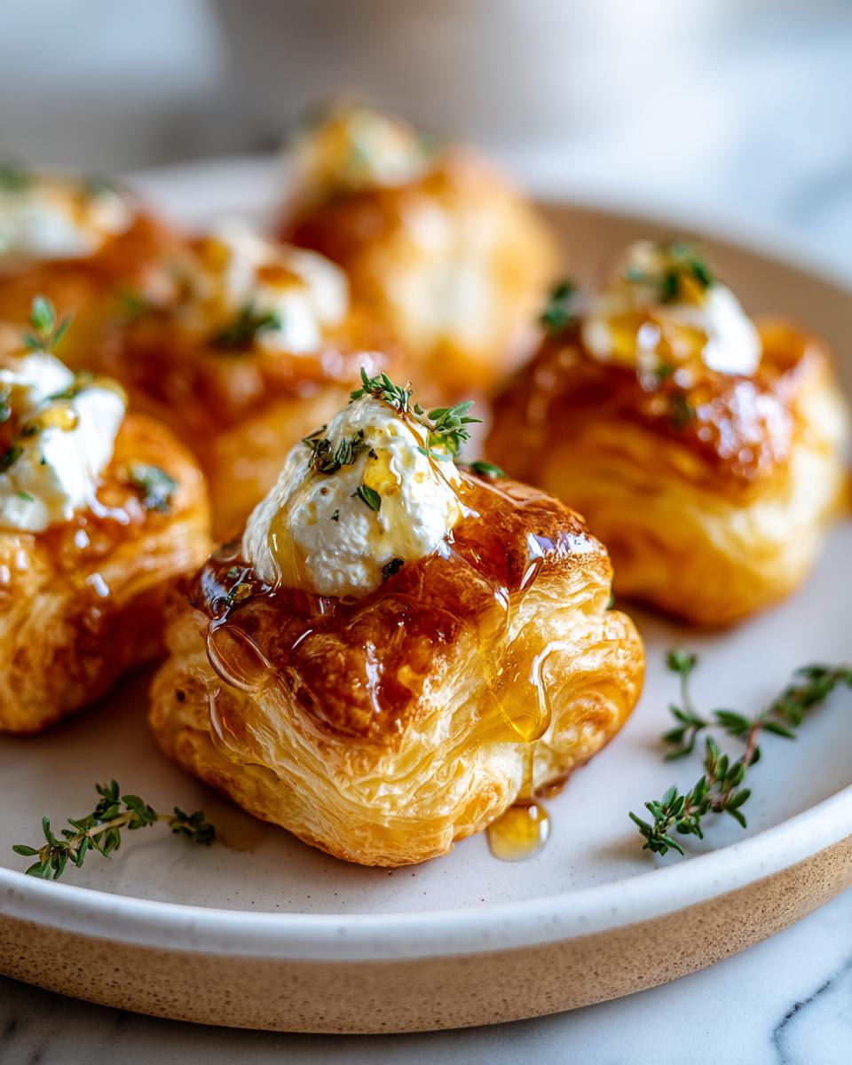 Close-up of golden puff pastry squares topped with creamy goat cheese and drizzled with honey, part of the goat cheese and honey bites recipe.