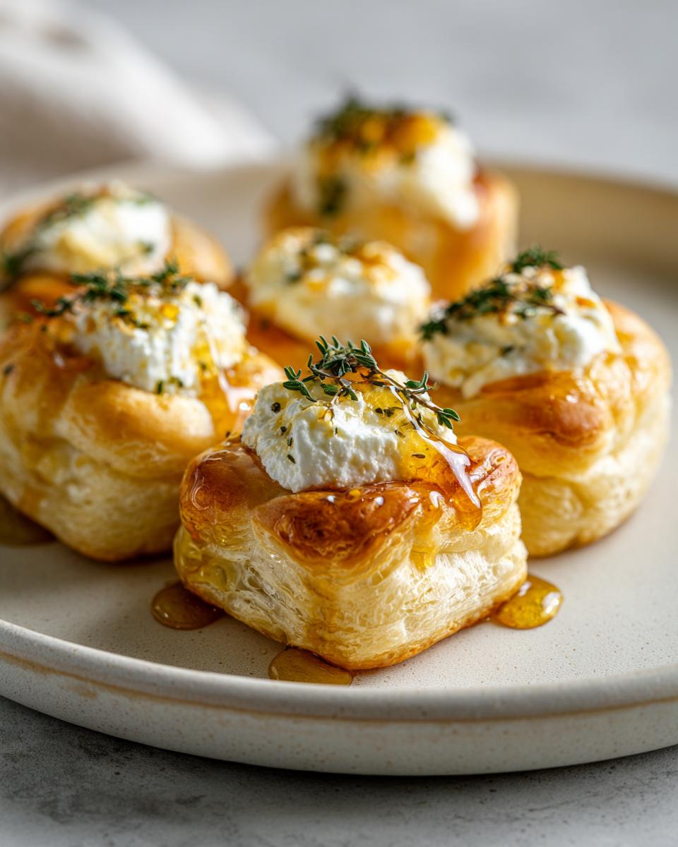 Close-up of flaky pastry topped with creamy goat cheese and drizzled with honey, garnished with thyme, showcasing goat cheese and honey bites.