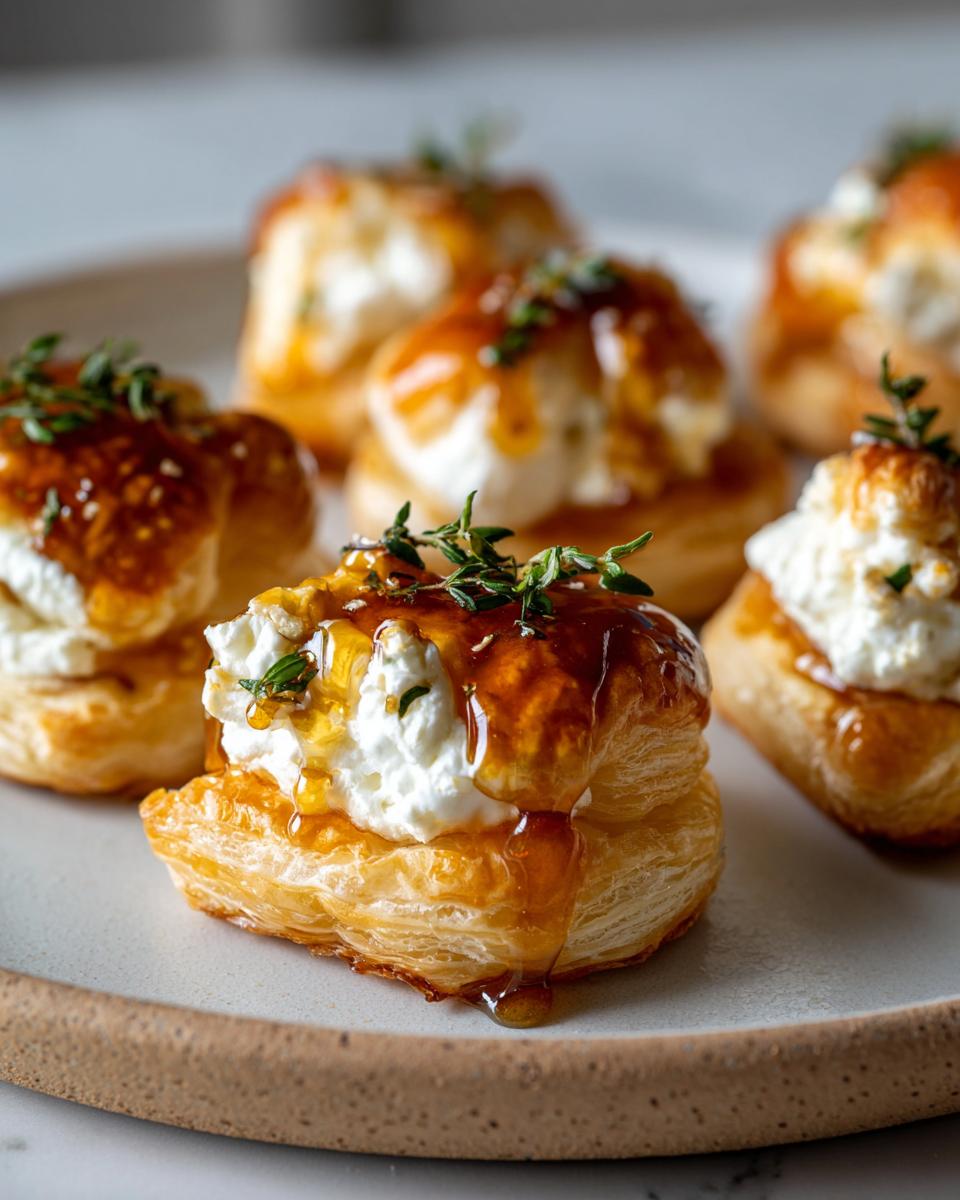 Close-up of flaky pastry topped with creamy goat cheese and drizzled with honey, garnished with thyme, showing several goat cheese and honey bites.