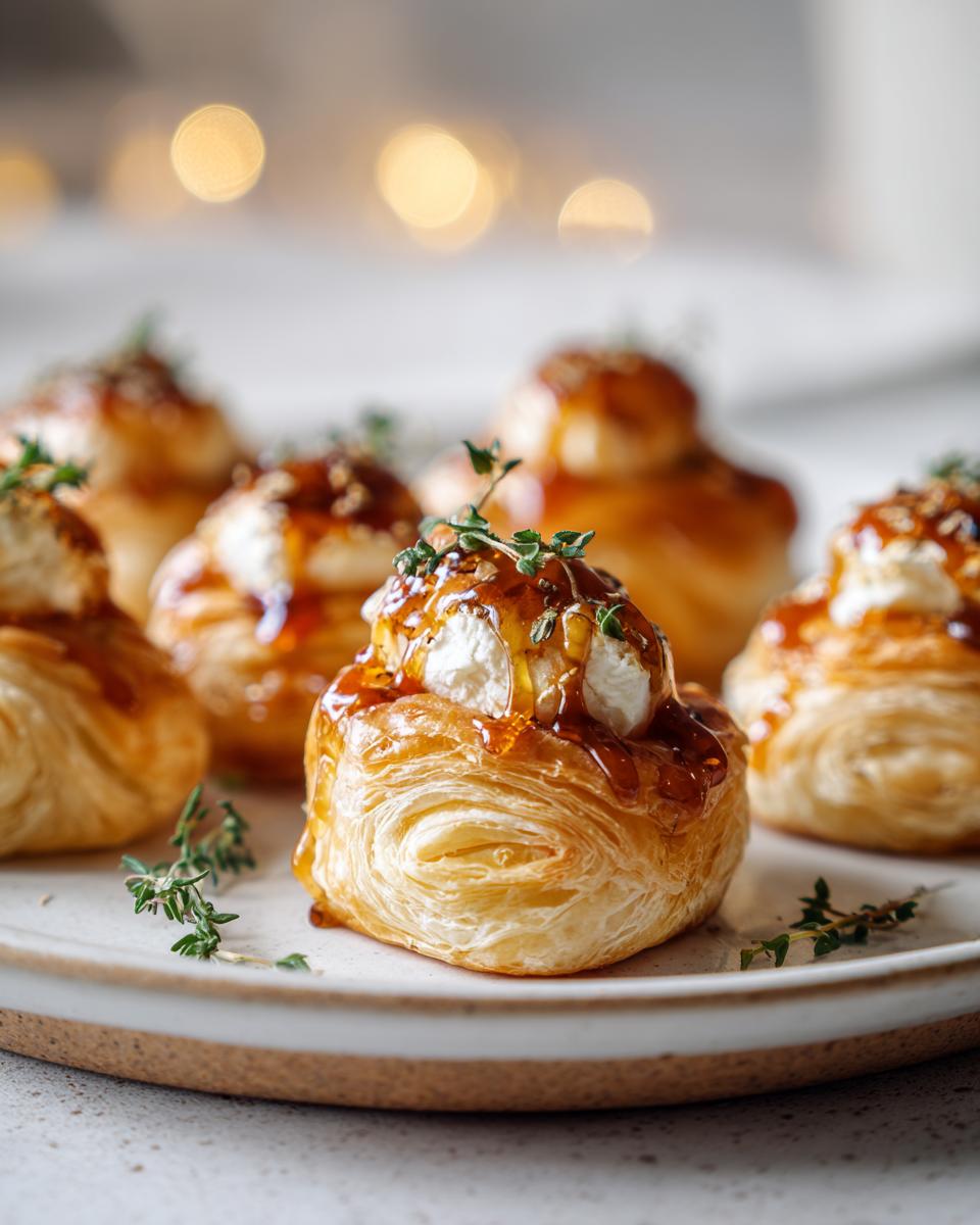 Close-up of flaky puff pastry holding goat cheese and honey, garnished with thyme for amazing goat cheese and honey bites.