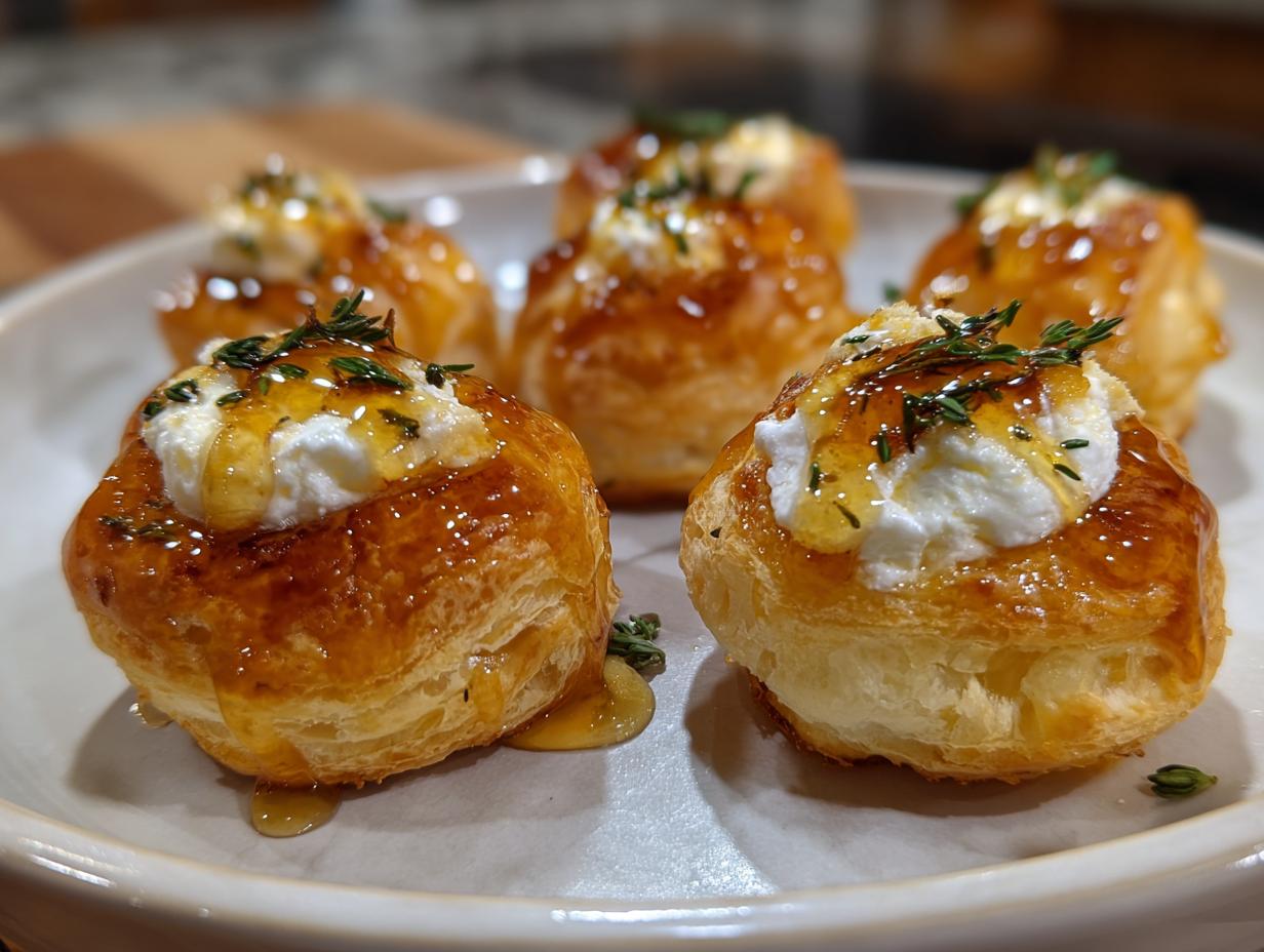 Close-up of flaky pastry puff topped with creamy goat cheese and drizzled with honey, garnished with thyme for perfect goat cheese and honey bites.