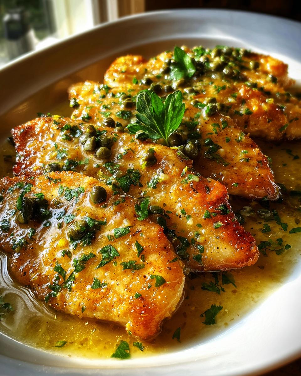 Close-up of three golden-brown chicken piccata cutlets covered in a bright lemon sauce, capers, and fresh parsley.