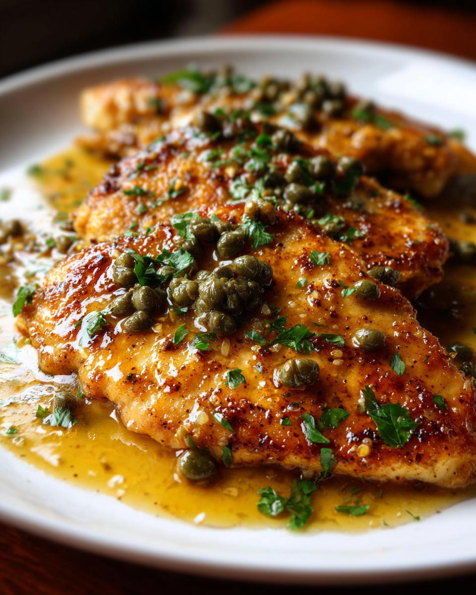 Close-up of three golden-brown chicken piccata fillets covered in a bright lemon-butter sauce and topped with capers and parsley.
