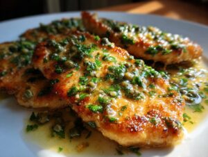 Close-up of pan-seared chicken piccata fillets topped with a bright lemon, caper, and parsley sauce.