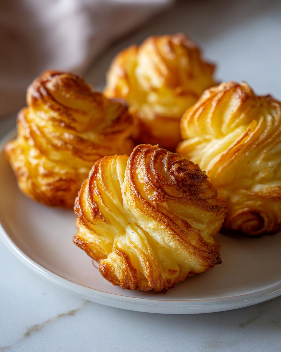 Four perfectly piped and baked duchess potatoes with golden, crispy edges on a light plate.