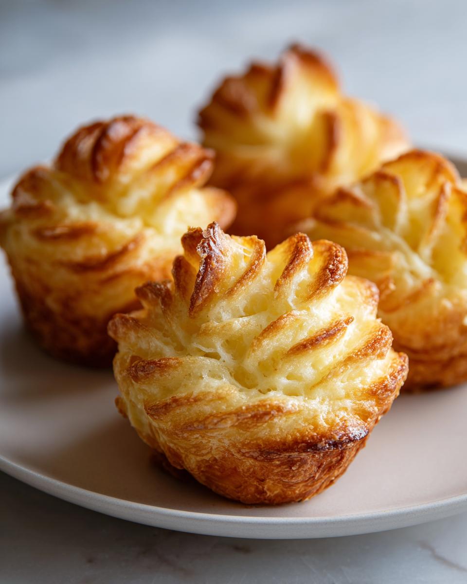 Close-up of four golden brown Duchess potatoes piped into beautiful, ruffled mounds on a light plate.