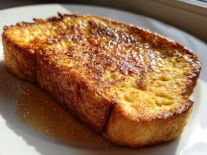 Close-up of a thick slice of golden brown, syrup-drizzled easy french toast on a white plate.