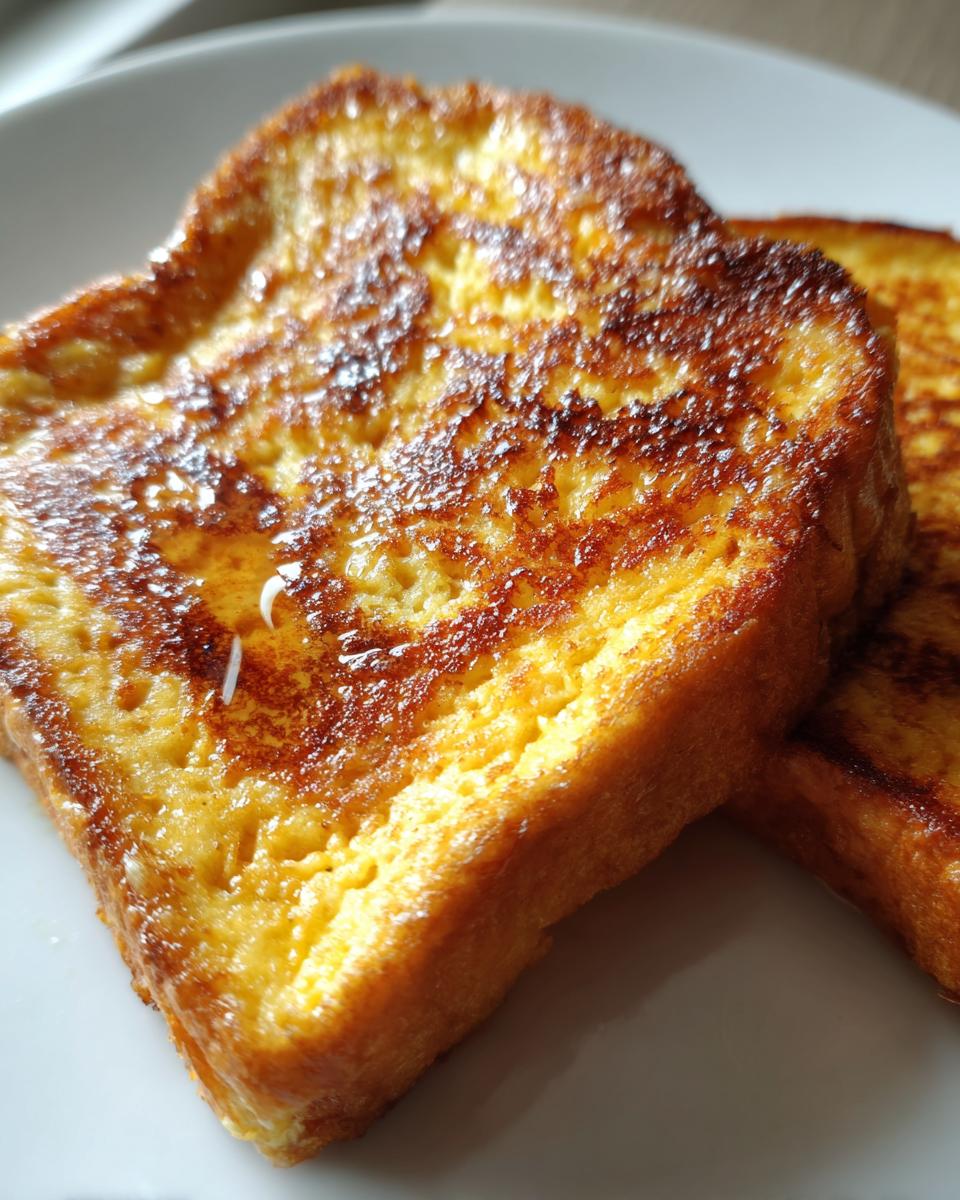 Close-up of two golden brown slices of easy french toast, glistening slightly with syrup or butter.