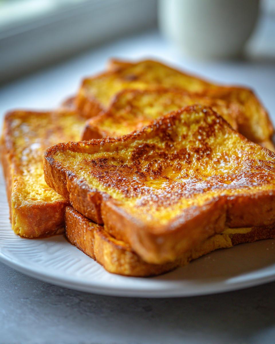 Close-up of golden brown, fluffy slices of easy french toast dusted with powdered sugar.
