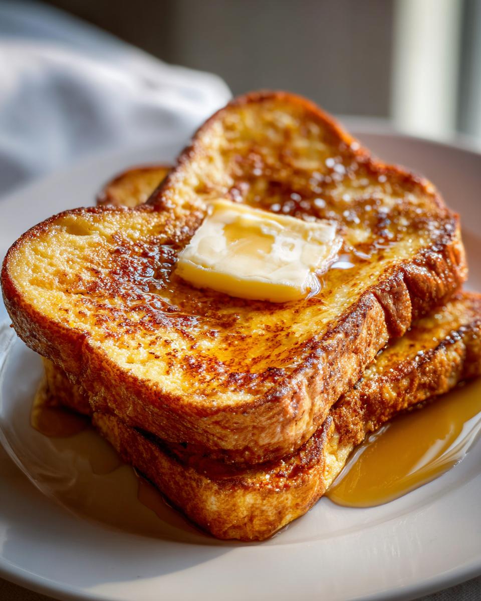 Close-up of two stacked pieces of golden brown french toast topped with melting butter and drizzled with syrup.