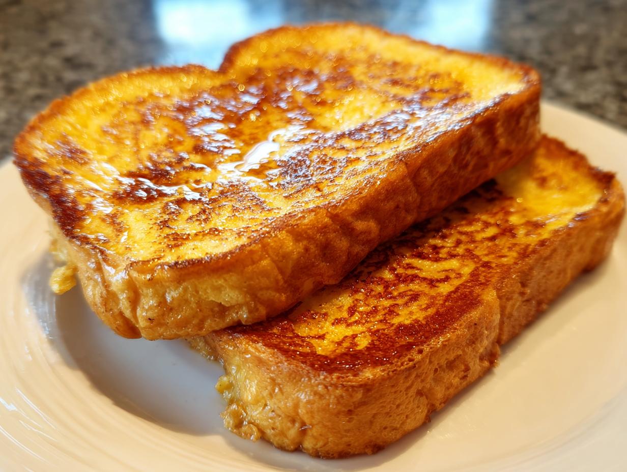 Close-up of two golden brown slices of perfectly cooked french toast stacked on a white plate.