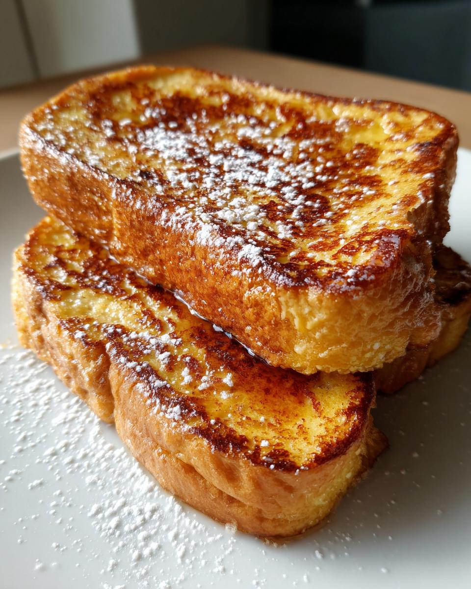 Close-up of two thick slices of golden brown french toast stacked and dusted with powdered sugar.