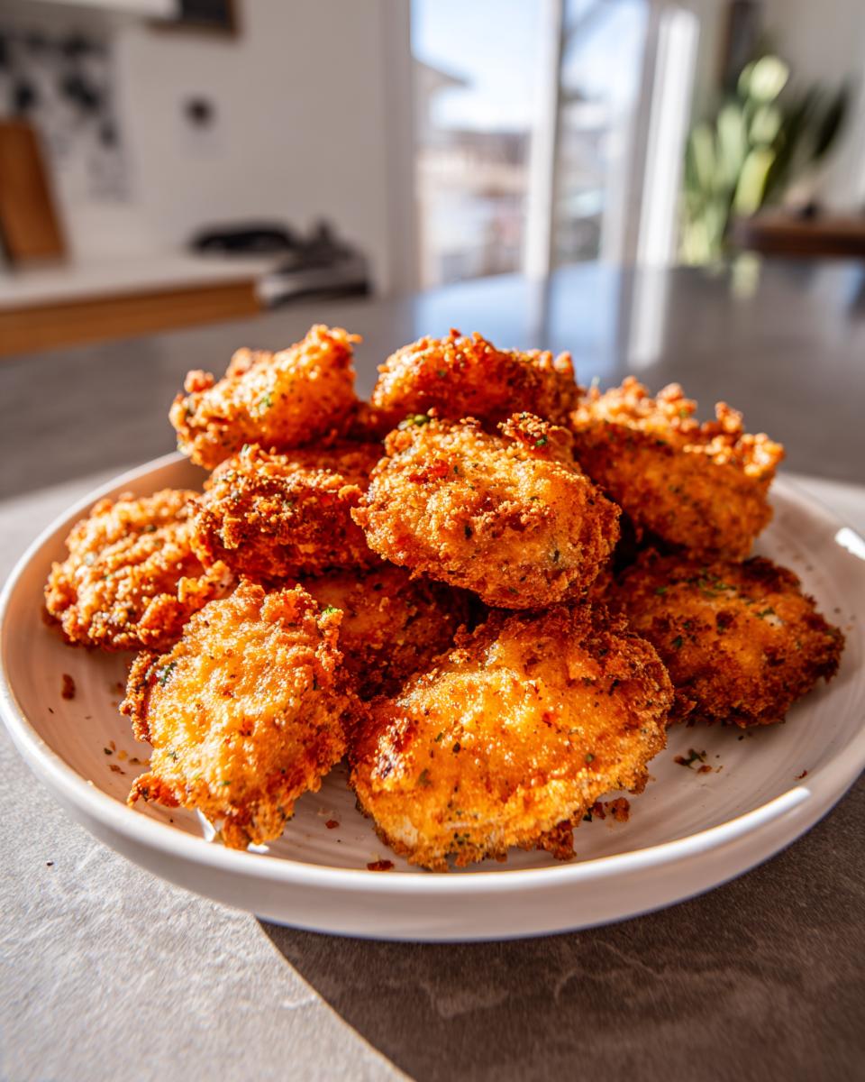 A pile of perfectly golden brown, crispy Fried Pickles stacked high on a white serving dish.