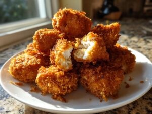 A pile of crispy, golden homemade chicken nuggets on a white plate, one nugget broken open showing white chicken meat.