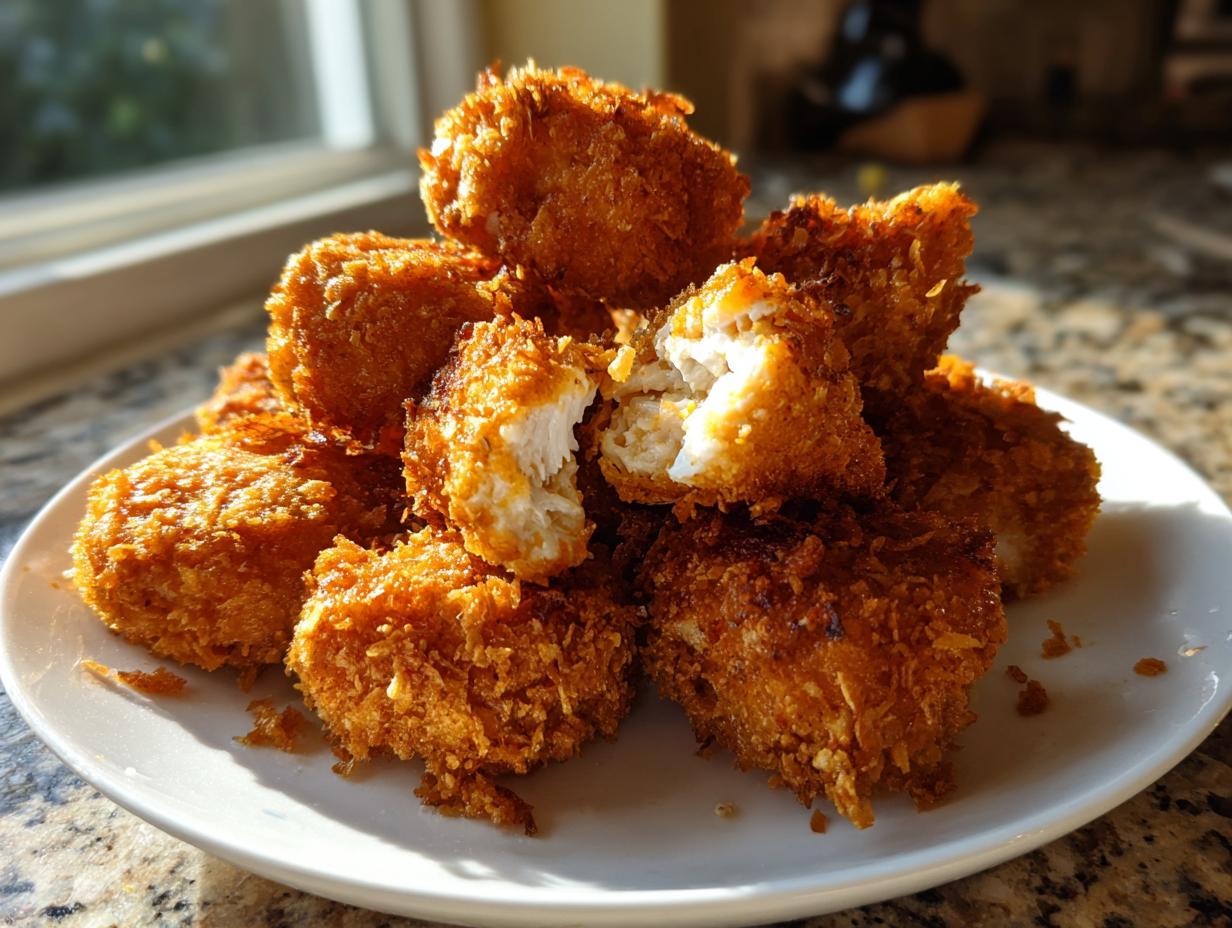 A pile of crispy, golden homemade chicken nuggets on a white plate, one nugget broken open showing white chicken meat.