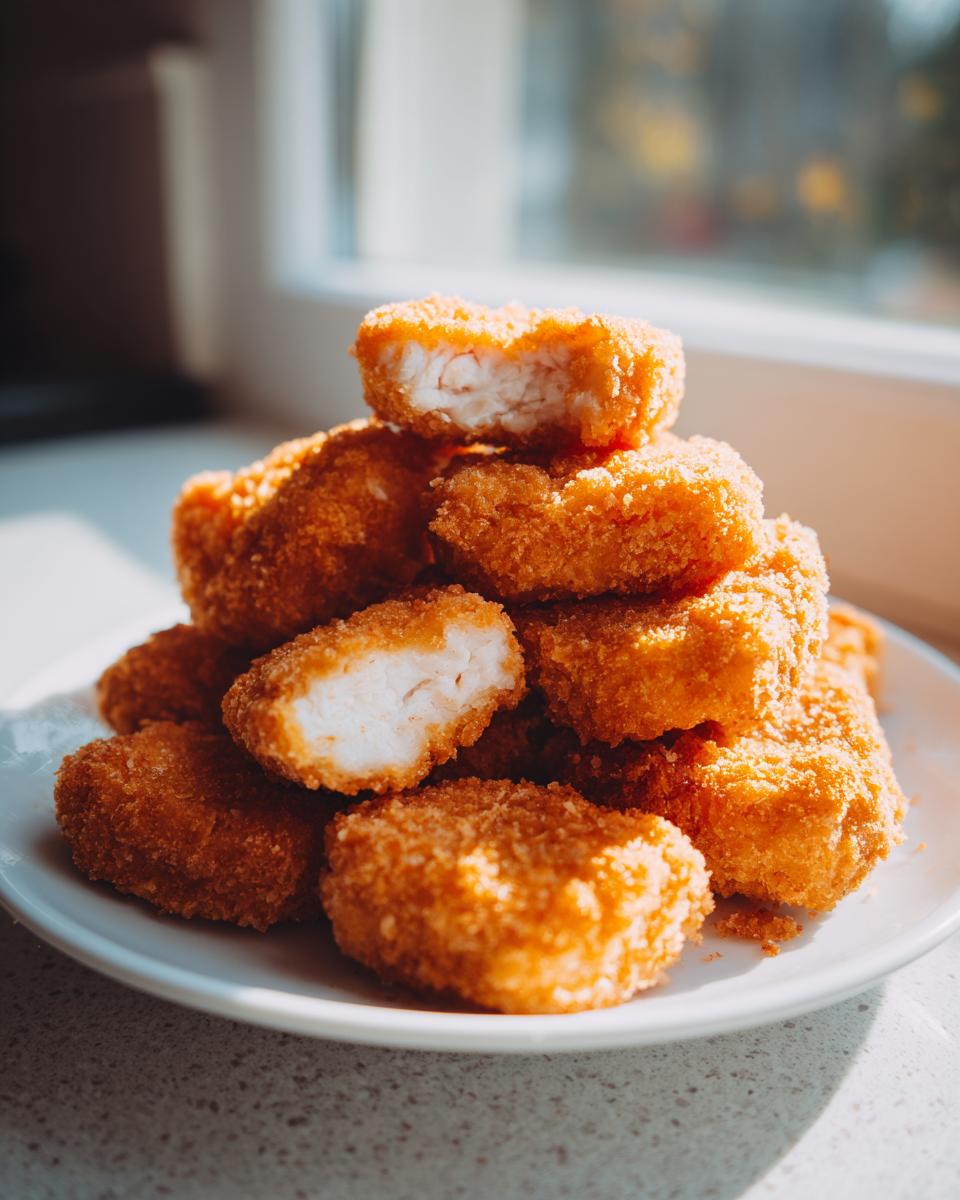 A pile of golden brown homemade chicken nuggets on a white plate, one nugget is broken open showing the white chicken meat inside.