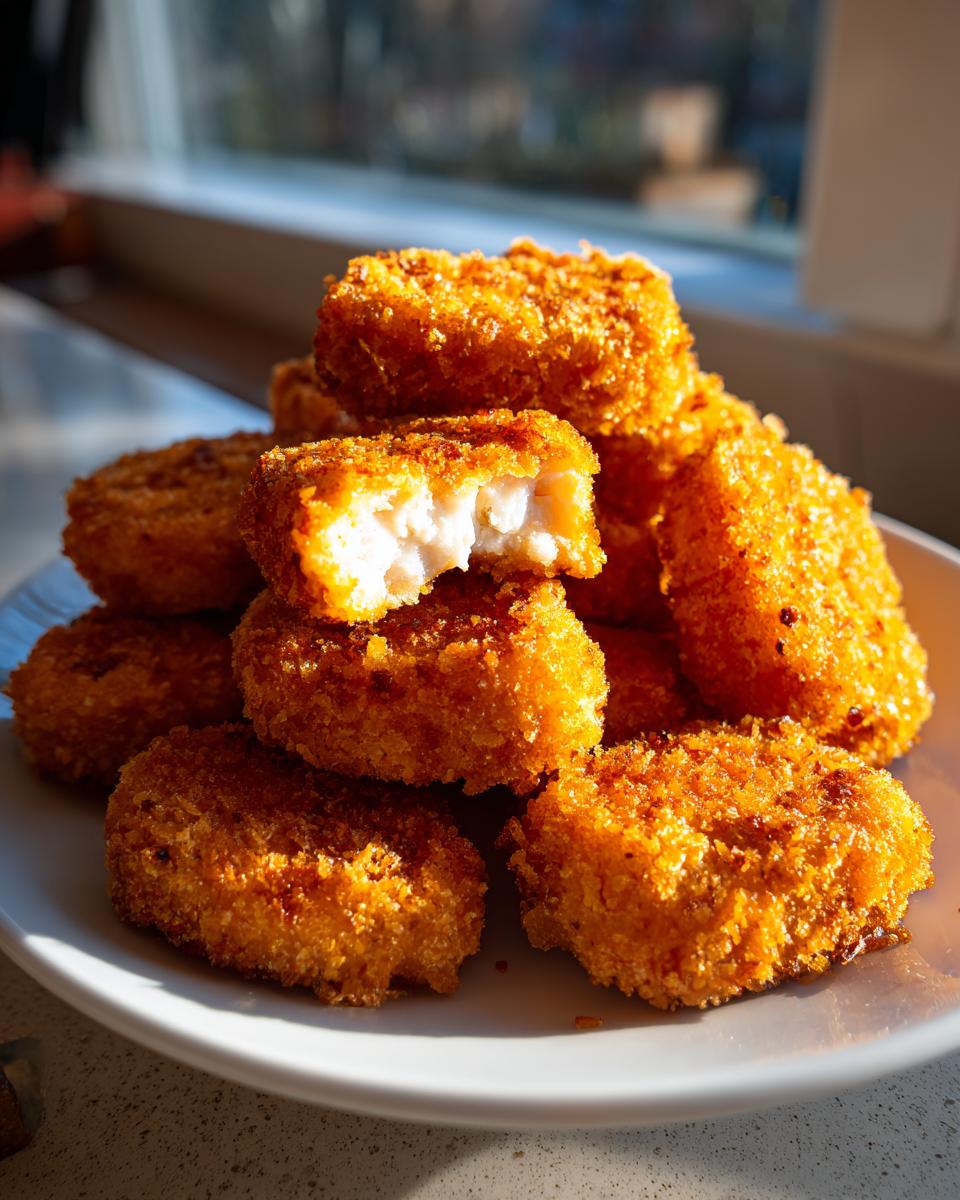 A stack of golden brown homemade chicken nuggets on a white plate, one nugget is broken open showing the white chicken meat inside.