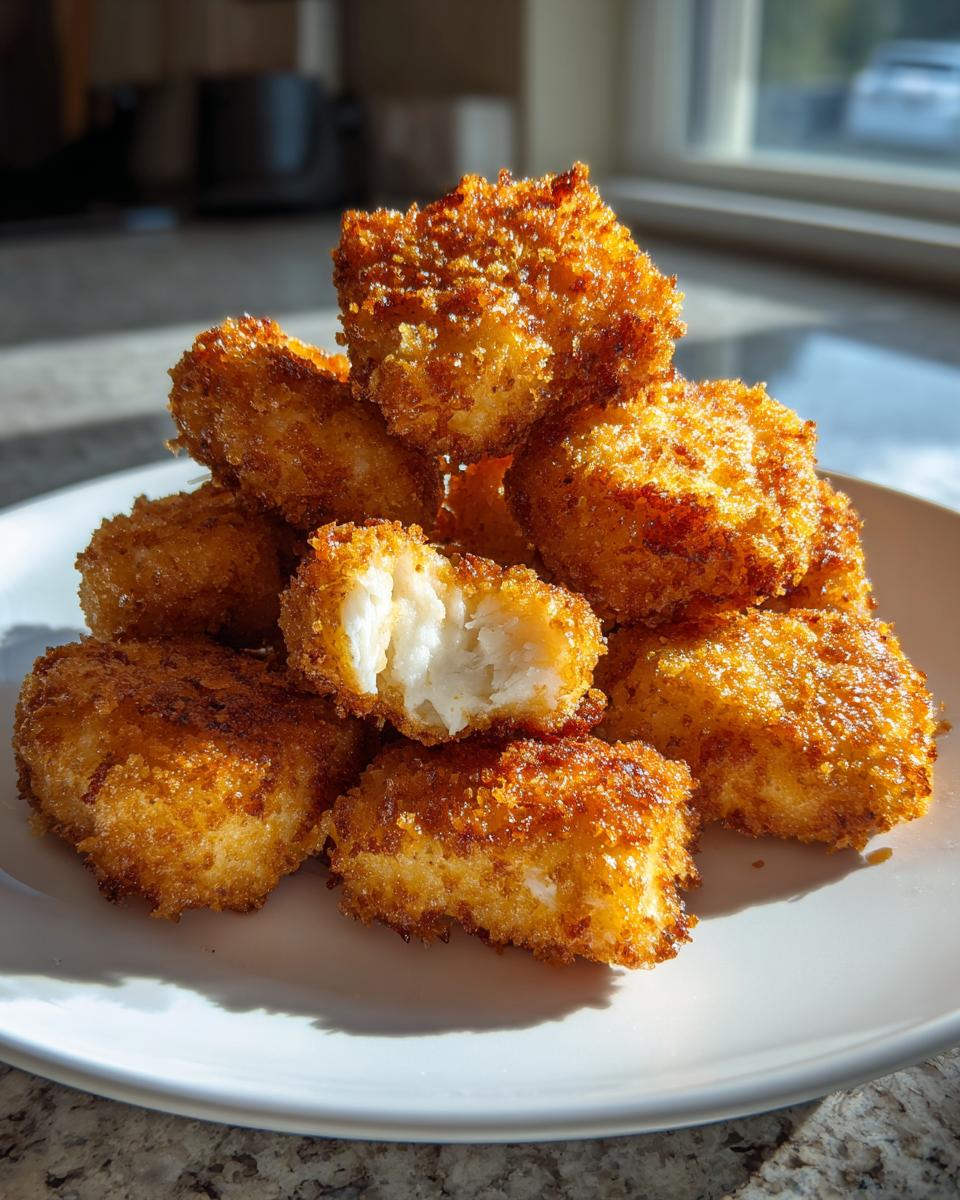 A stack of golden brown, crispy homemade chicken nuggets on a white plate, one nugget is broken open showing the white interior.