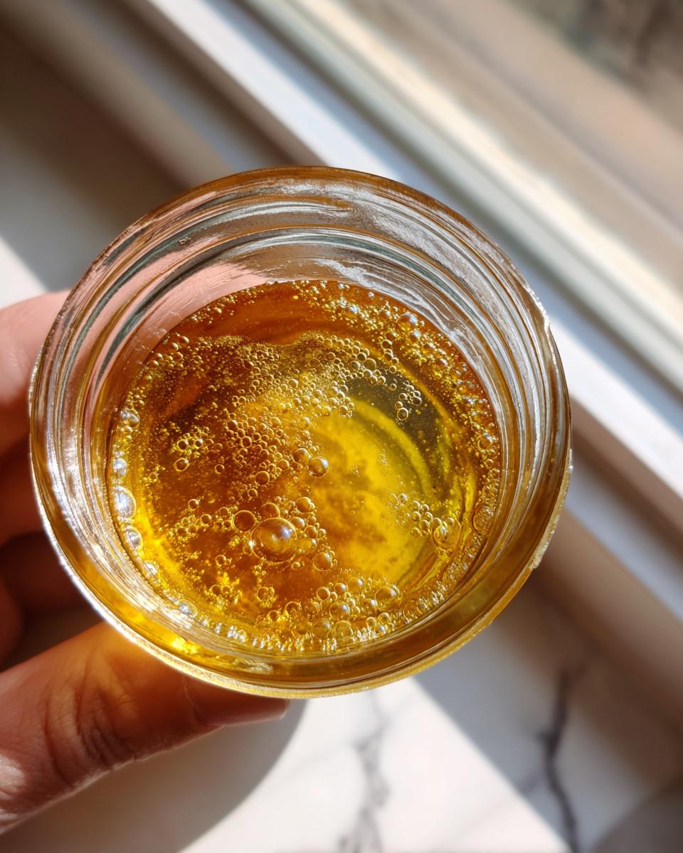 Overhead view of golden, bubbly liquid, likely oil or honey component for a salad dressing, held in a small glass jar.