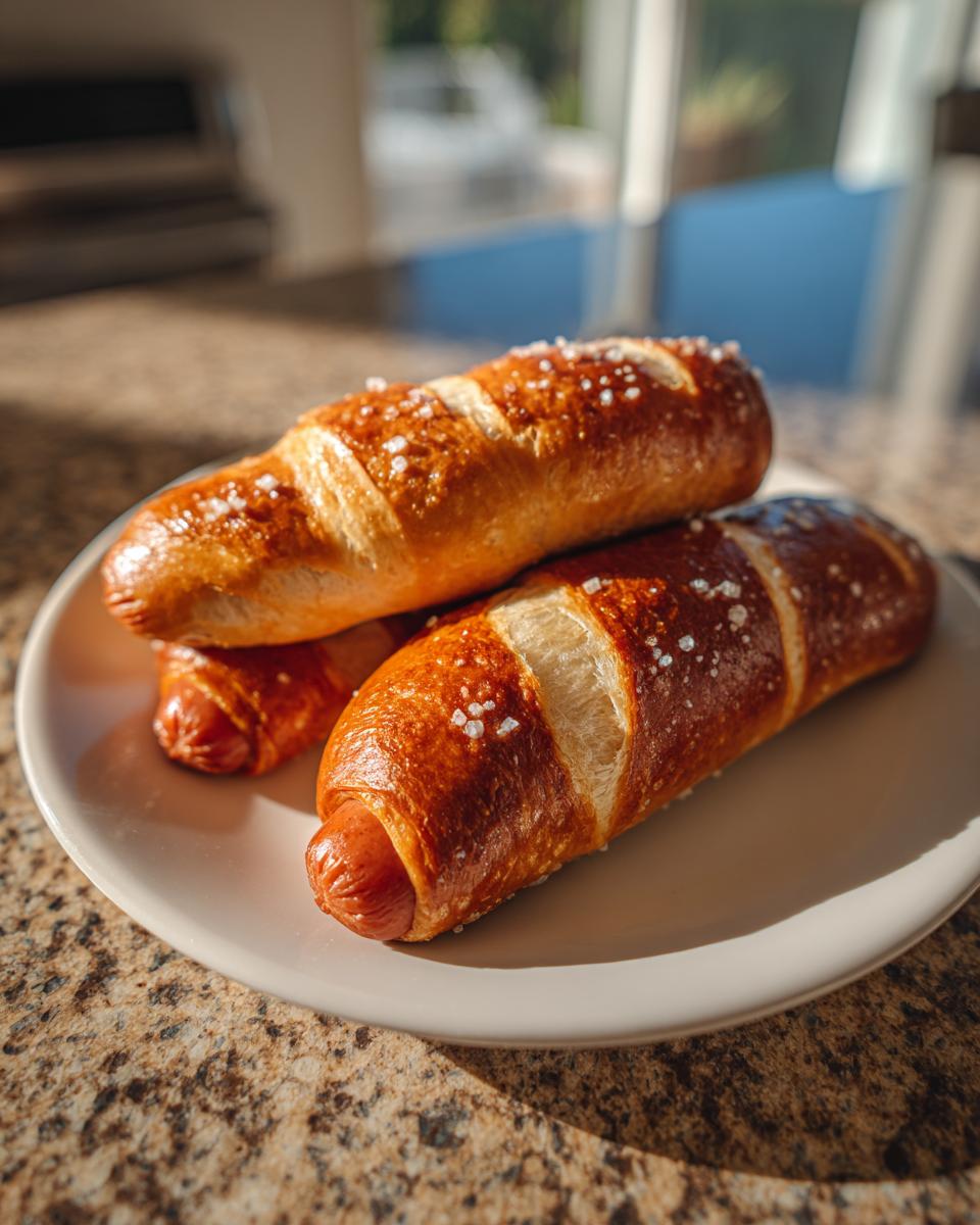Three freshly baked pretzel dogs with a deep brown crust and coarse salt, resting on a white plate.