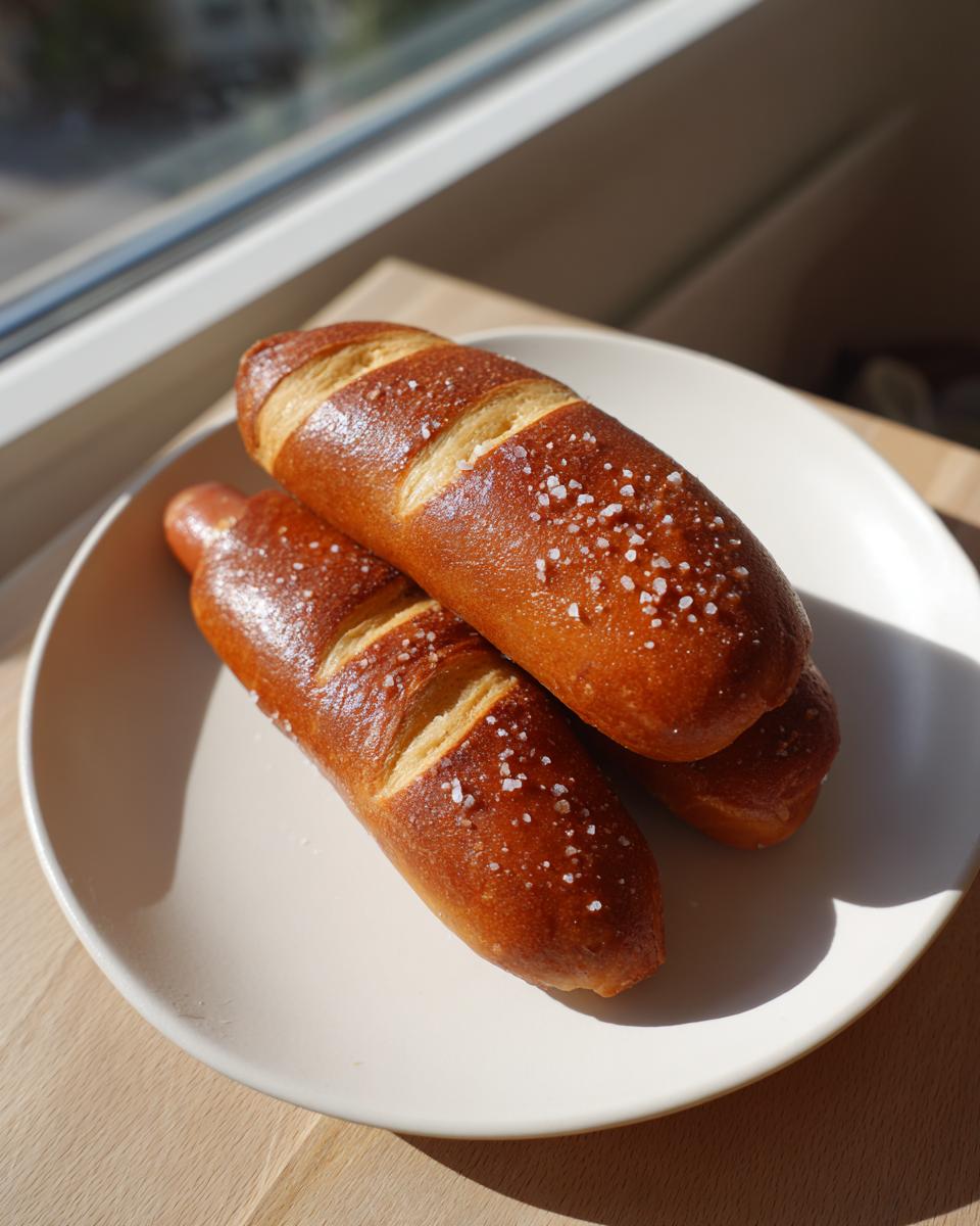 Three freshly baked pretzel dogs with coarse salt, resting on a white plate near a window.