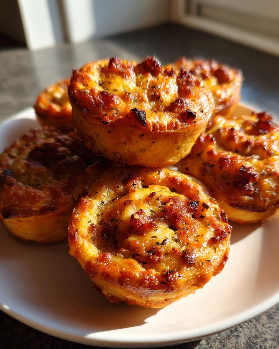 A stack of golden brown, baked sausage pinwheels with herbs, sitting on a light-colored plate.