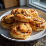 A stack of golden brown, cheesy sausage pinwheels baked until bubbly and golden, served on a white plate.