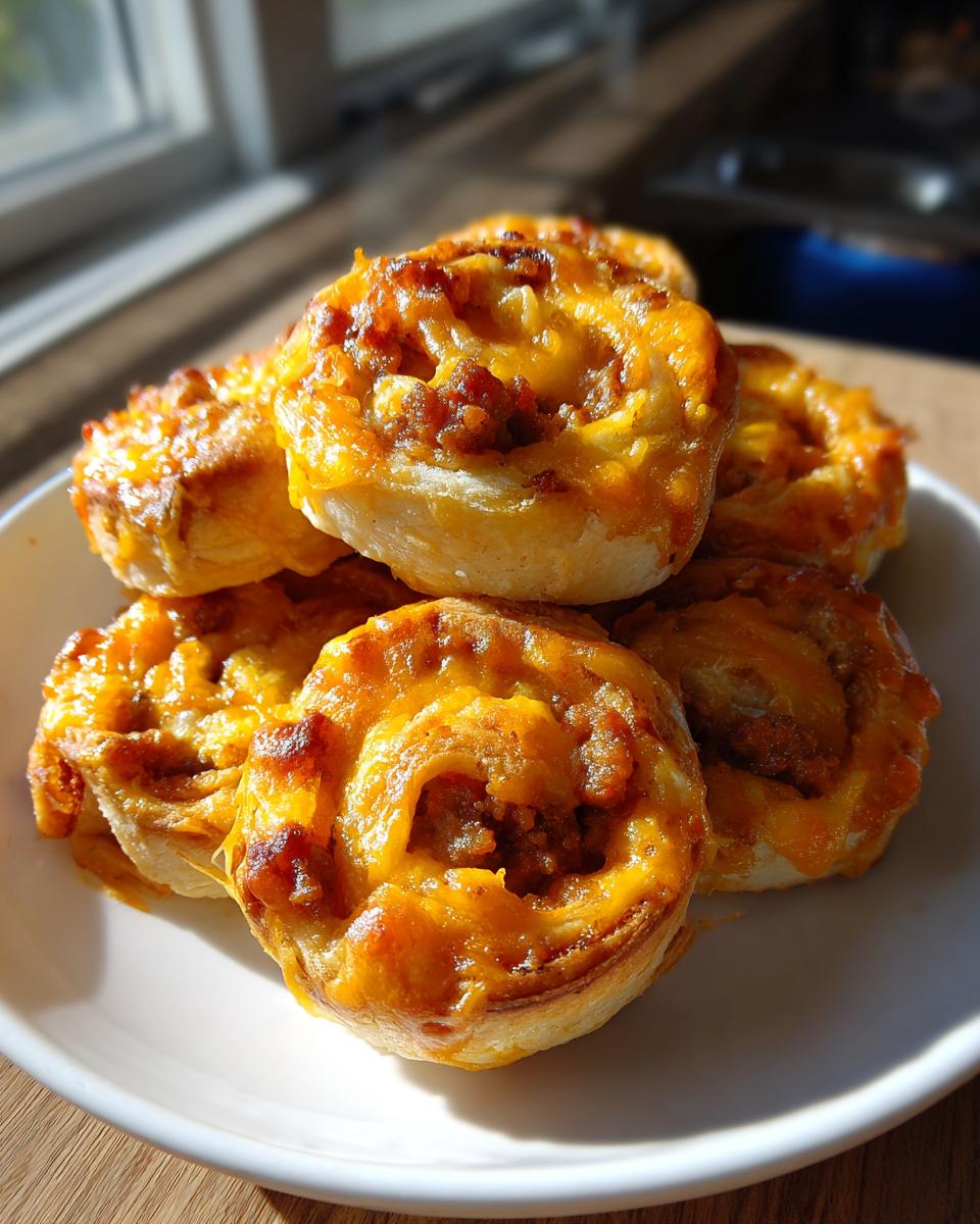 A stack of freshly baked, golden brown sausage pinwheels topped with melted cheese, served on a white plate.
