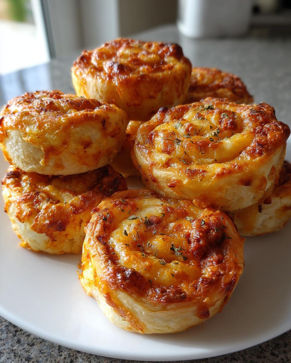 A stack of freshly baked, golden brown sausage pinwheels with melted cheese topping on a white plate.