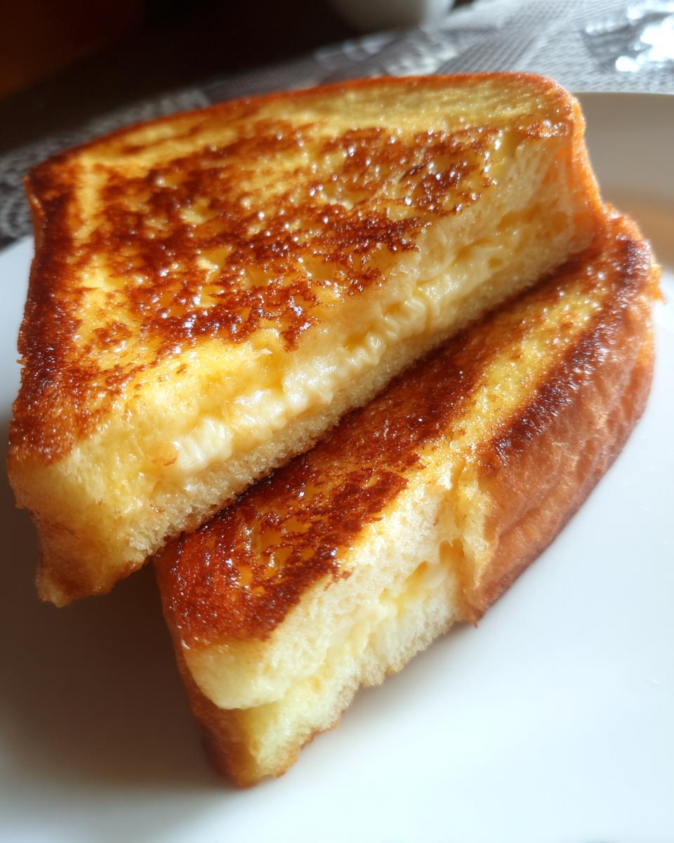 Close-up of two halves of perfectly cooked, golden brown stuffed french toast showing the creamy interior.