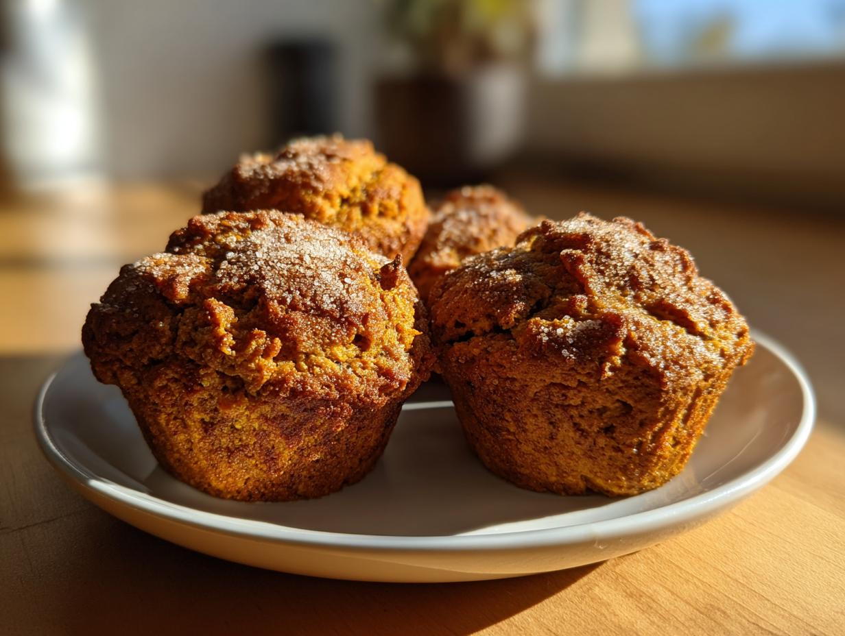 Four freshly baked, golden brown sweet potato muffins topped with coarse sugar, resting on a white plate.