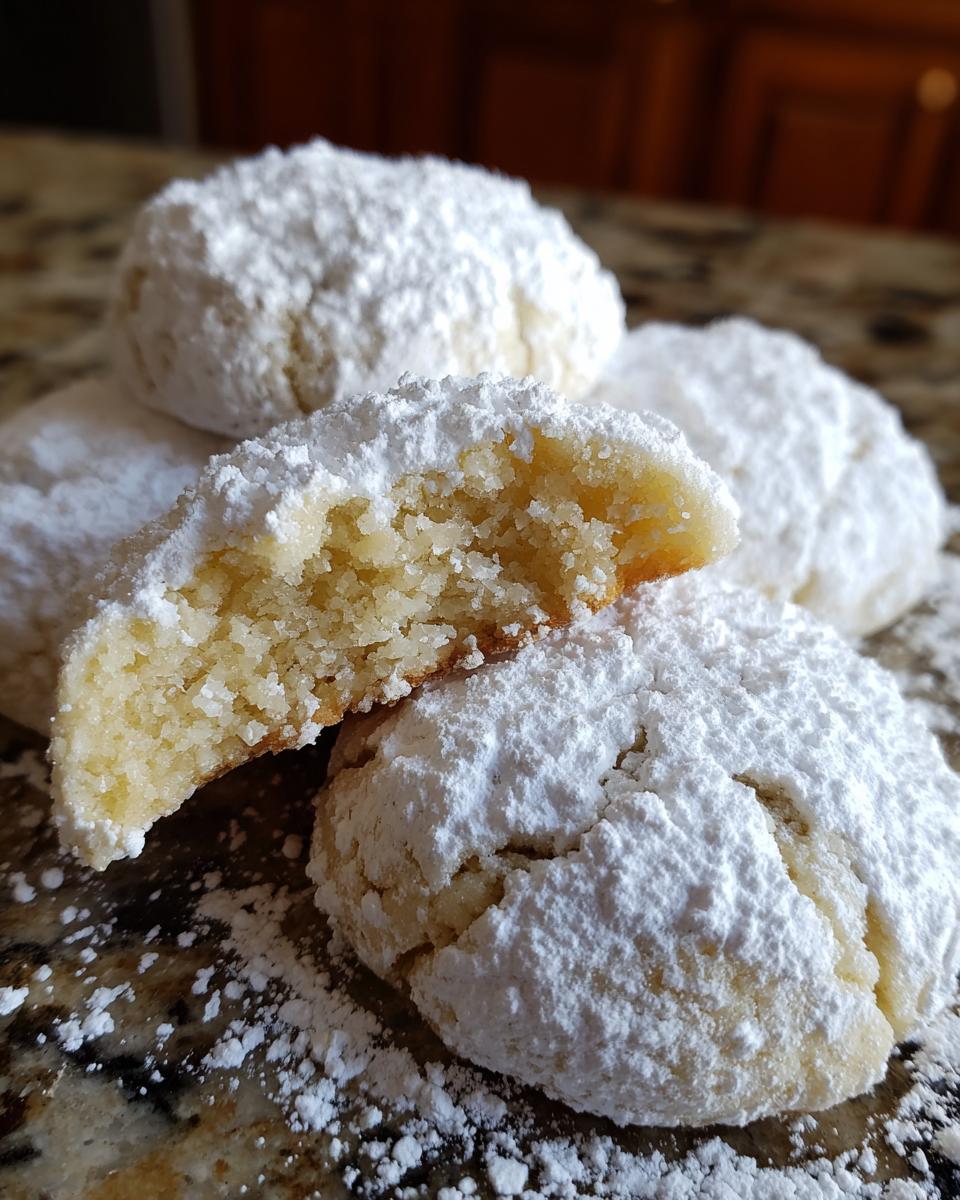 A stack of soft, round gooey butter cookies heavily dusted with white powdered sugar, one cookie broken open to show the texture.