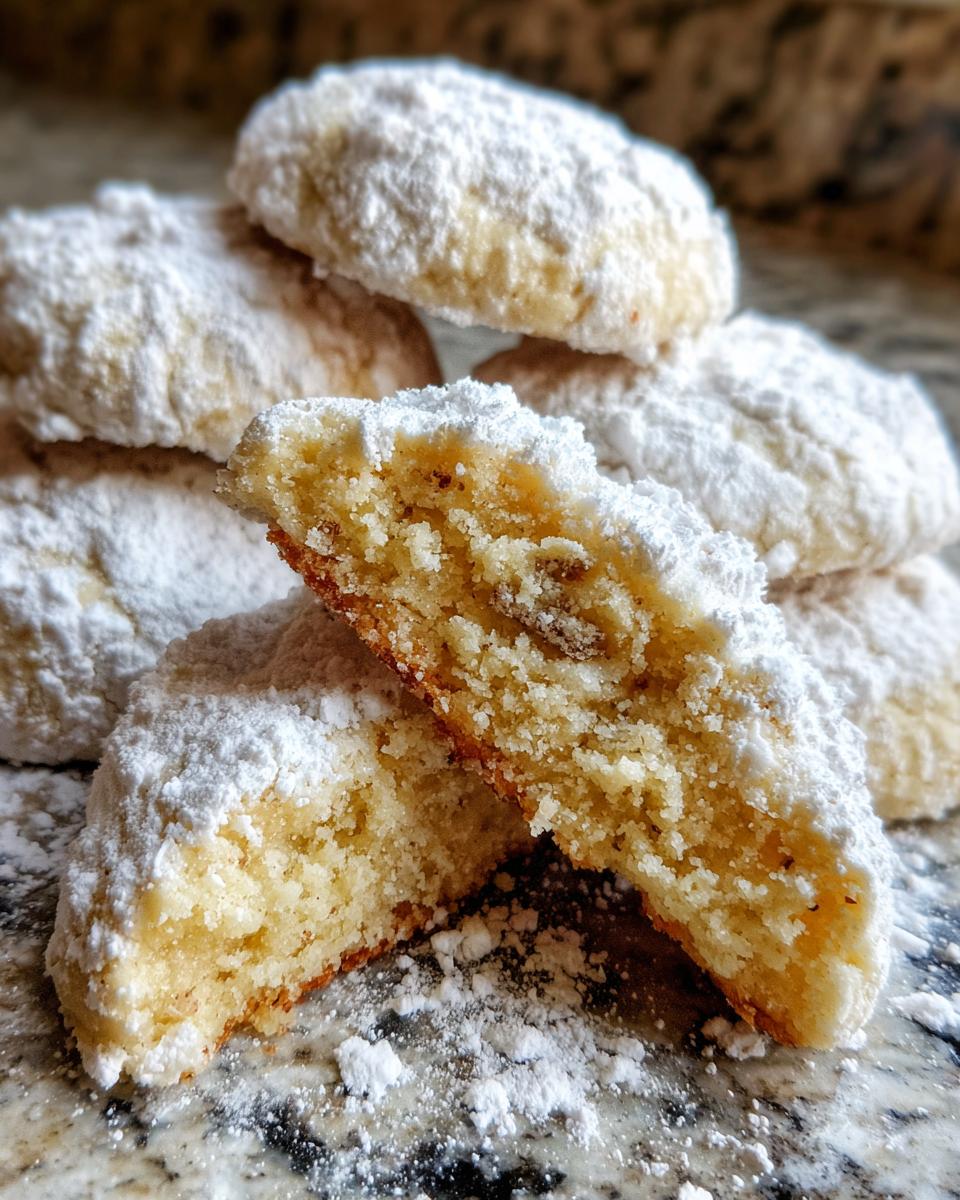A close-up of gooey butter cookies heavily dusted in powdered sugar, one cookie is broken open showing the soft interior.