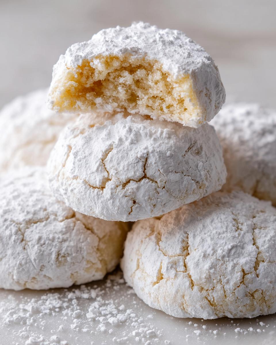 A stack of soft, cracked gooey butter cookies heavily dusted with powdered sugar, one on top is broken open.