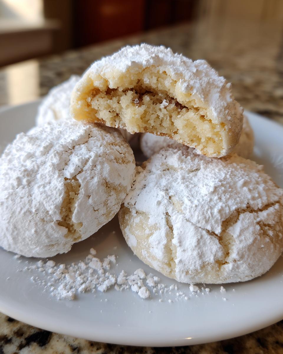 A stack of soft, cracked gooey butter cookies heavily dusted with white powdered sugar on a white plate.