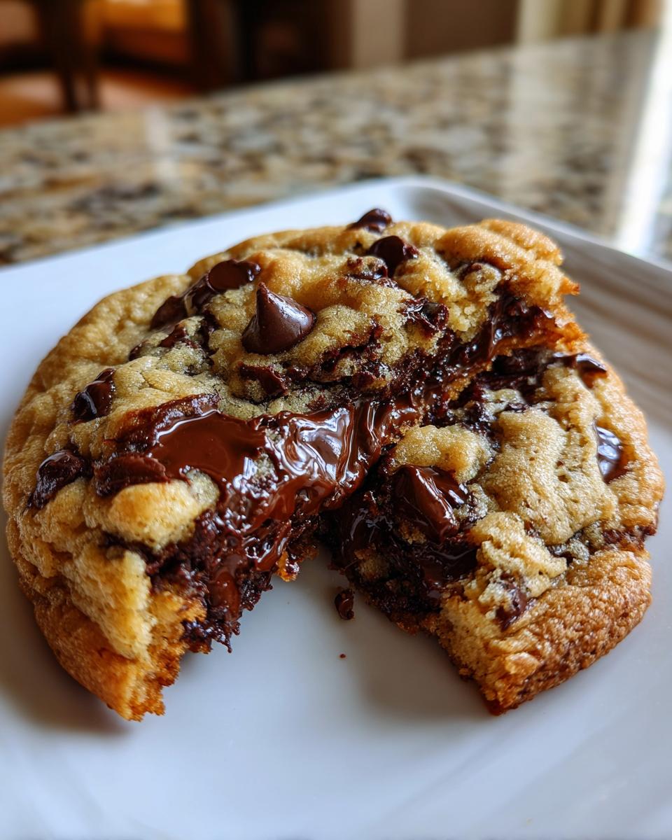 Close-up of a freshly baked, thick chewy chocolate chip cookies broken in half showing melted chocolate.