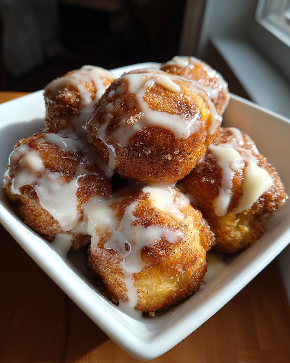 A close-up of several warm cinnamon roll bites coated in cinnamon sugar and drizzled with thick white icing.