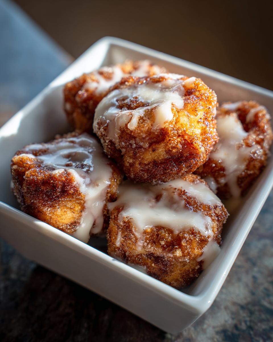 Close-up of several gooey cinnamon roll bites coated in cinnamon sugar and drizzled with white icing.