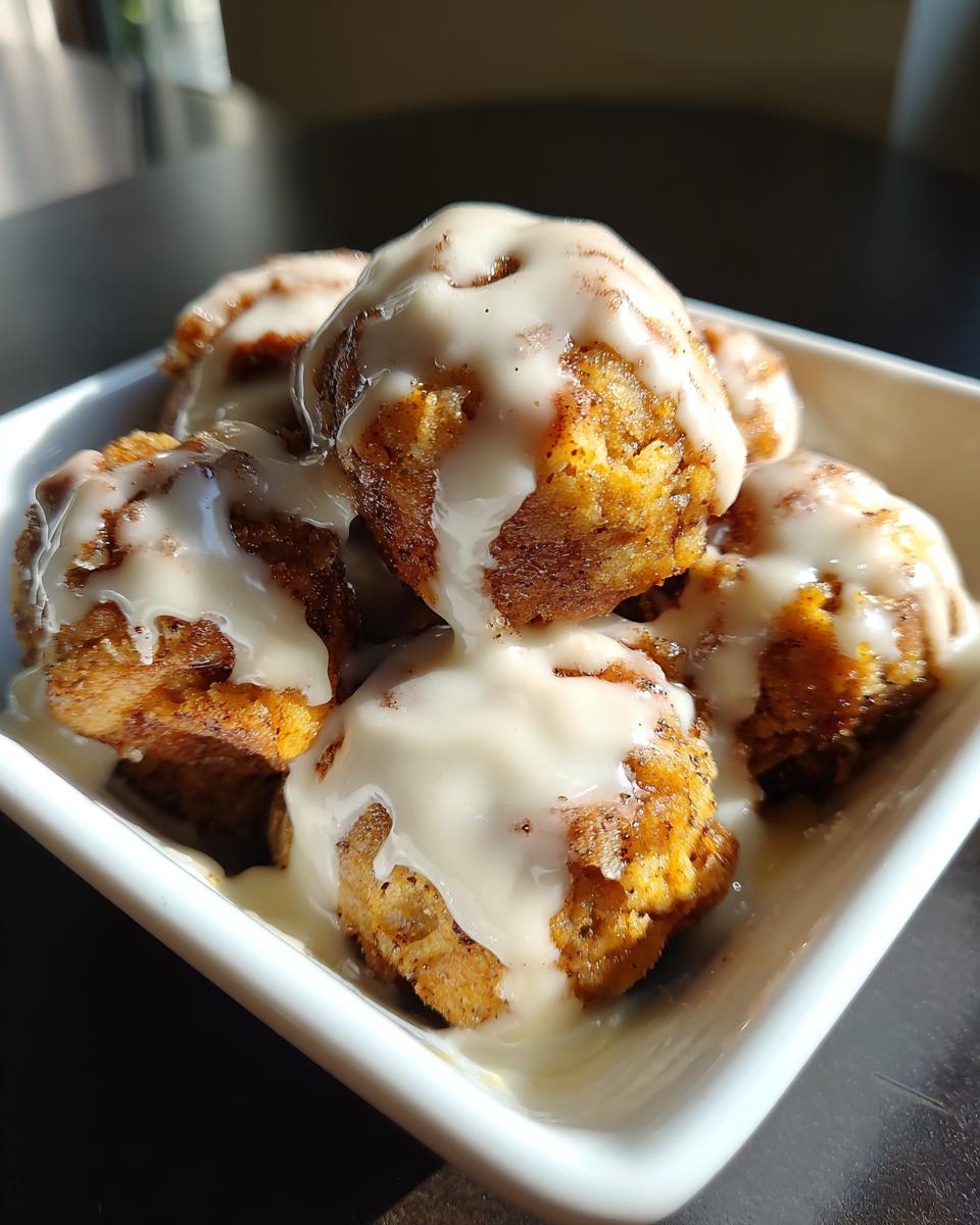 Close-up of several warm cinnamon roll bites piled in a white dish, generously covered in thick, white cream cheese icing.