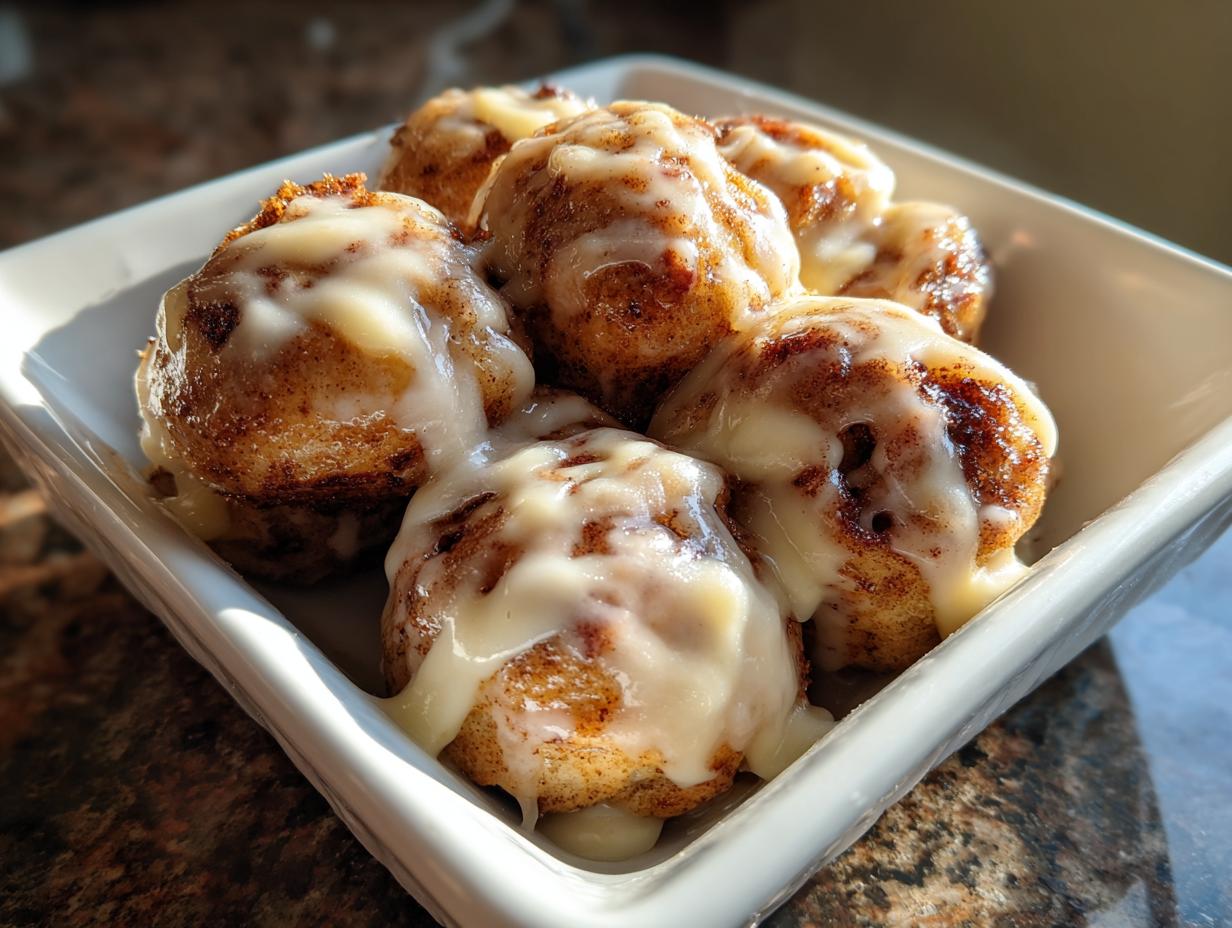 A close-up of several gooey cinnamon roll bites topped with thick white icing in a small white dish.