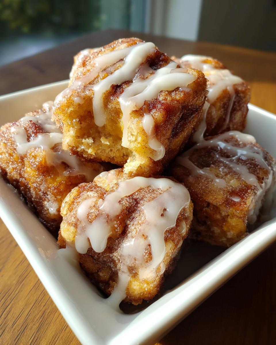 A close-up of several gooey cinnamon roll bites topped with thick vanilla icing, served in a white dish.