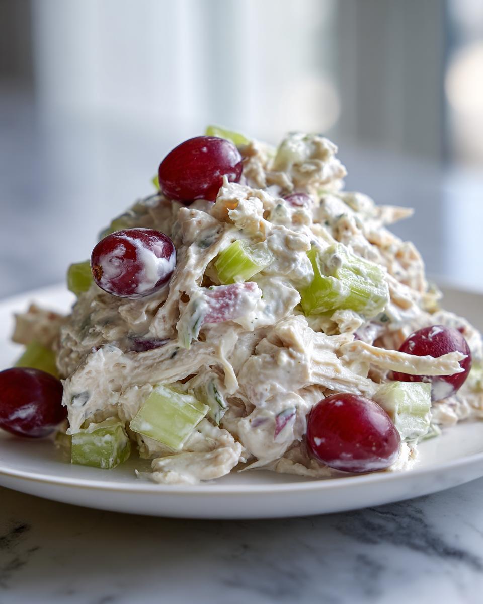 A close-up of a mound of creamy greek yogurt chicken salad mixed with celery and topped with whole red grapes, served on a white plate.