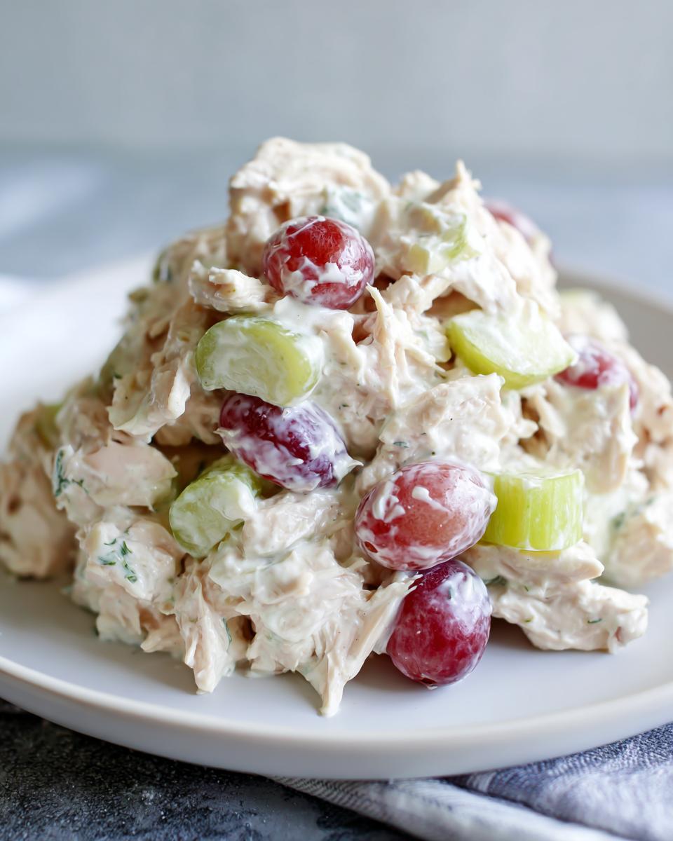 A mound of creamy greek yogurt chicken salad mixed with red and green grapes and celery on a white plate.