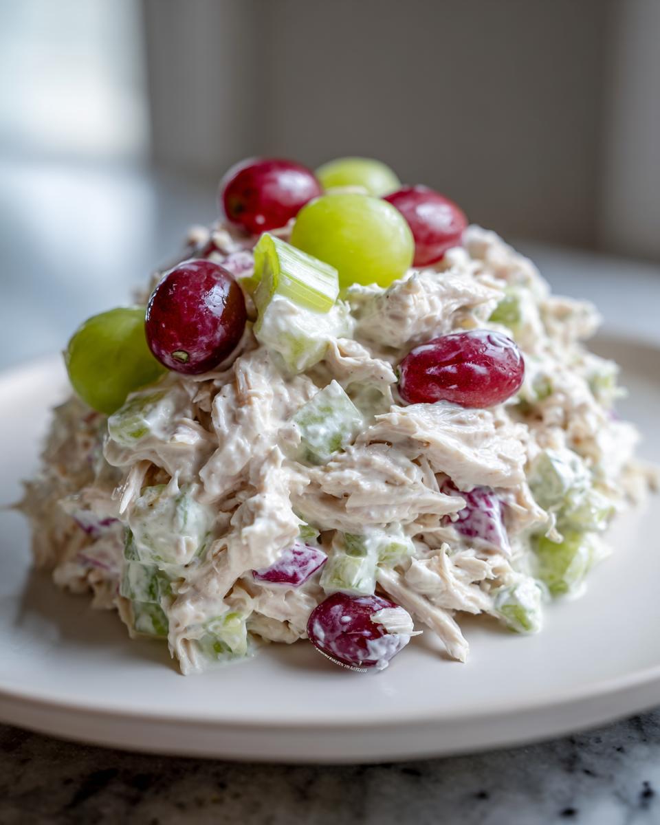 A mound of creamy greek yogurt chicken salad mixed with celery and topped with red and green grapes on a white plate.