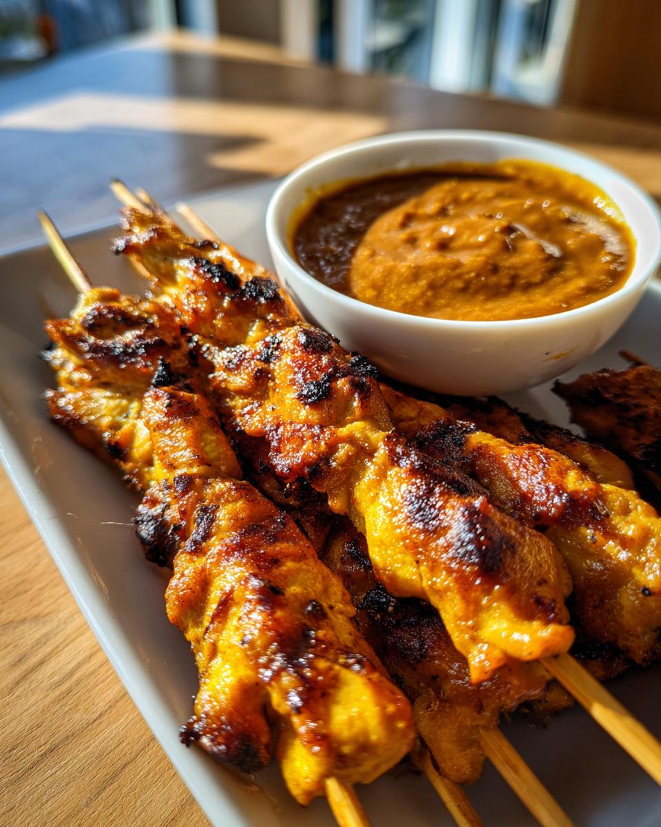 Close-up of grilled, golden-brown chicken satay skewers served next to a small bowl of rich peanut dipping sauce.
