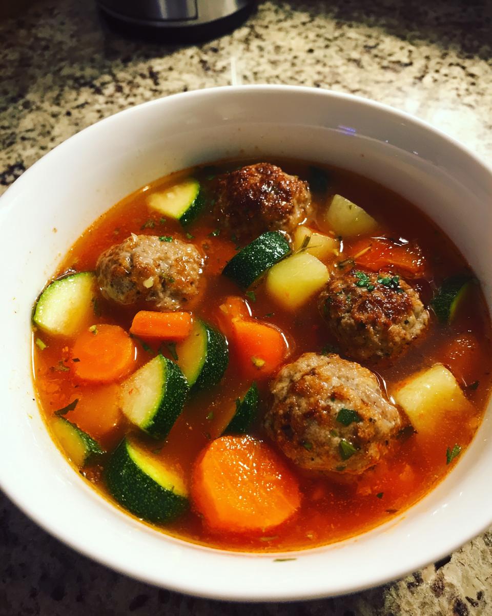 Close-up of a white bowl filled with vibrant albondigas soup, featuring meatballs, carrots, zucchini, and potatoes.
